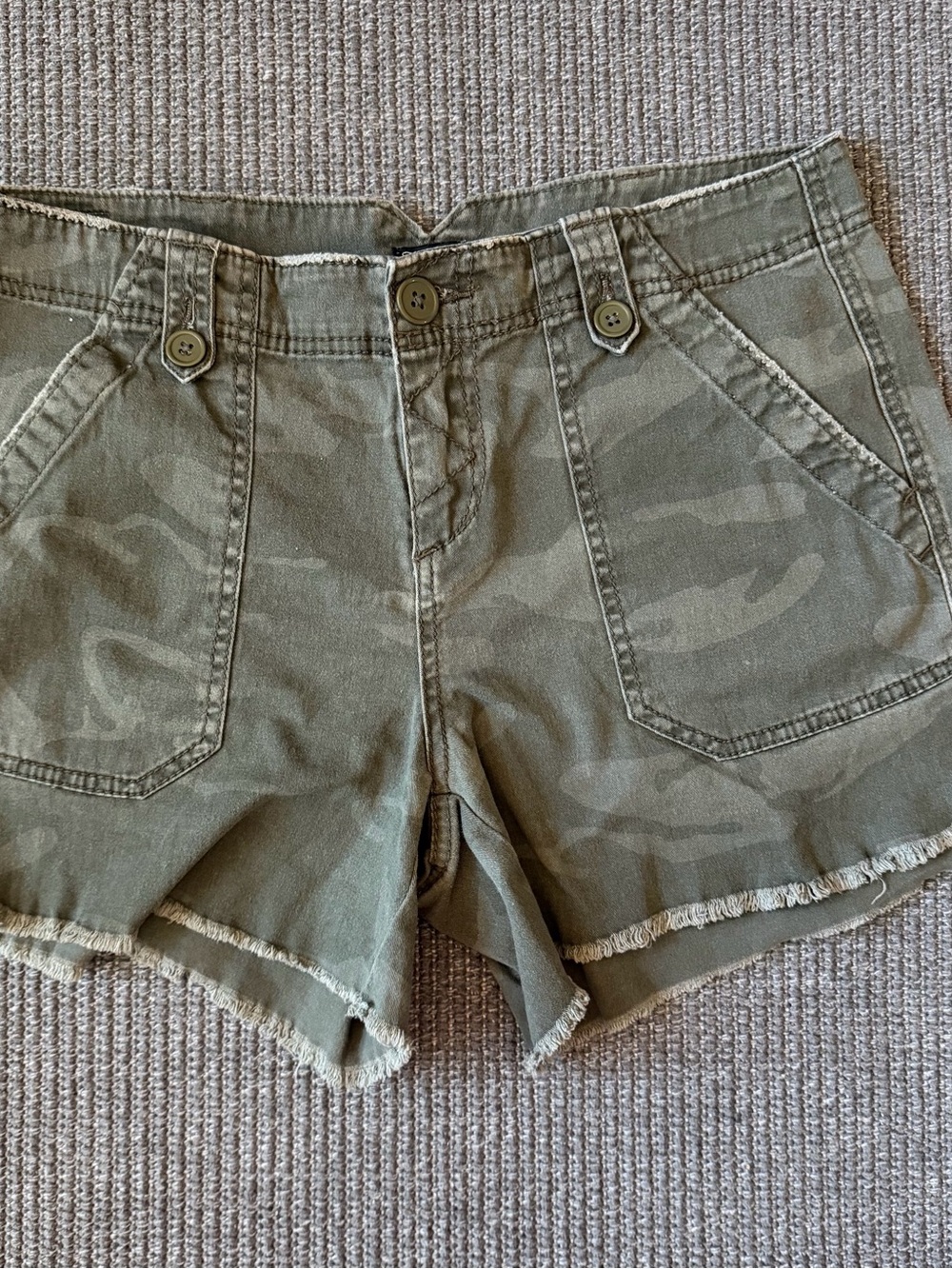 Olive Camo Frayed Hem Women’s Jean Shorts